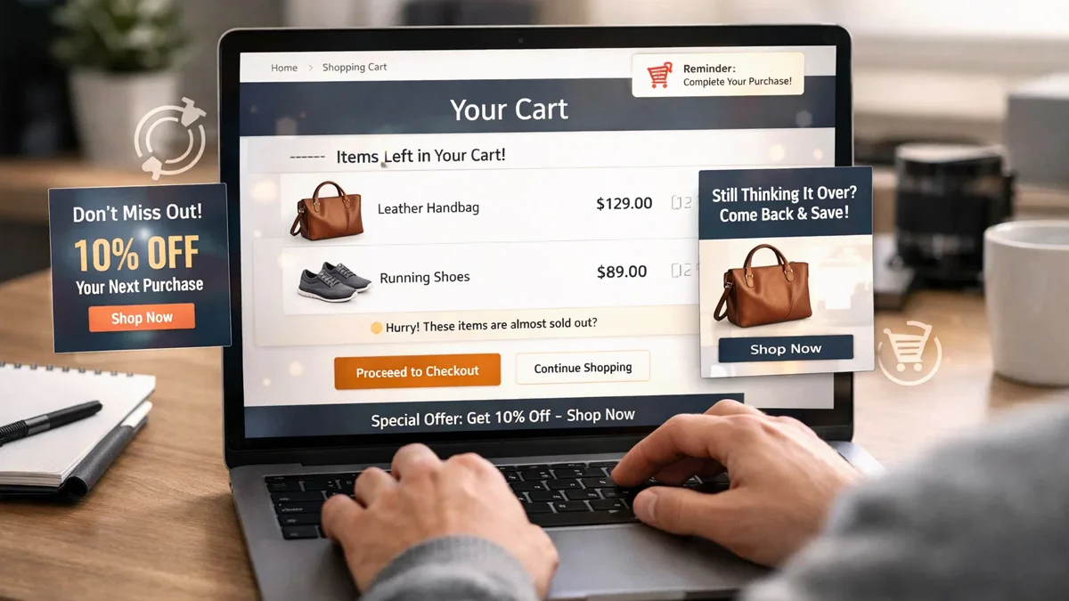 Ilustração de remarketing mostrando cliente retornando ao carrinho abandonado em um e-commerce após anúncio online