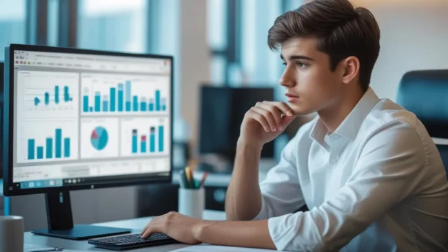 Garoto olhando dashboard vendo os resultados do investimento em tráfego pago