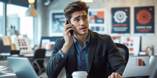 Profissional tentando lidar com cliente difícil pelo telefone.