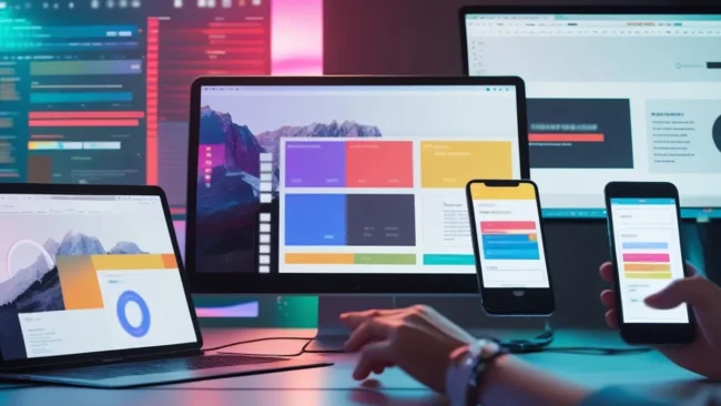 Diversos devices apresentando diferentes wireframes de landing pages
