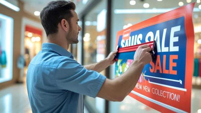 Homem aplicando adesivo no vidro deu ma loja no shopping, ilustrando uma estratégia de marketing para o varejo