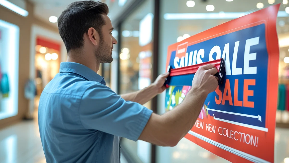 Homem aplicando adesivo no vidro deu ma loja no shopping, ilustrando uma estratégia de marketing para o varejo