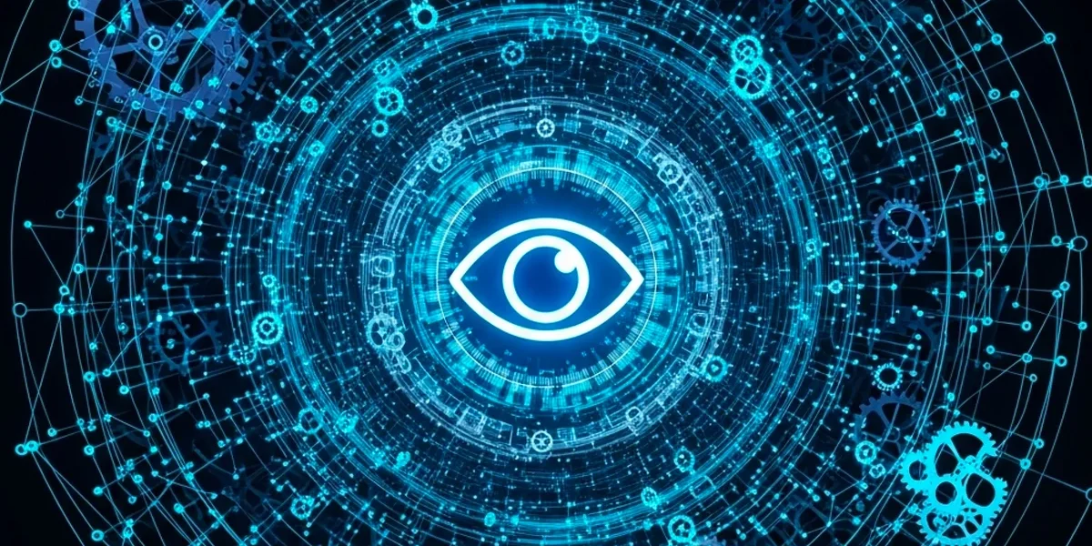 Ilustração futurista de uma rede de conexões e engrenagens digitais, com o ícone de um olho no centro, representando como os algoritmos observam e otimizam as campanhas de publicidade online.