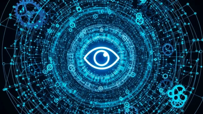 Ilustração futurista de uma rede de conexões e engrenagens digitais, com o ícone de um olho no centro, representando como os algoritmos observam e otimizam as campanhas de publicidade online.
