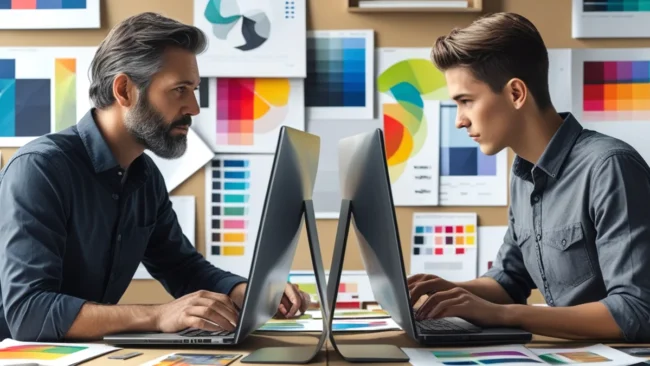 Homem de negócios sentado em frente a um laptop com expressão de preocupação e frustração, simbolizando os problemas e a falta de comunicação com sua agência de marketing digital, com gráficos e relatórios confusos ao fundo.