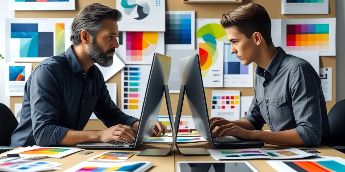 Dois profissionais de marketing frente a frente, ilustrando os desafios de fazer marketing digital sozinho