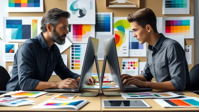 Dois profissionais de marketing frente a frente, ilustrando os desafios de fazer marketing digital sozinho