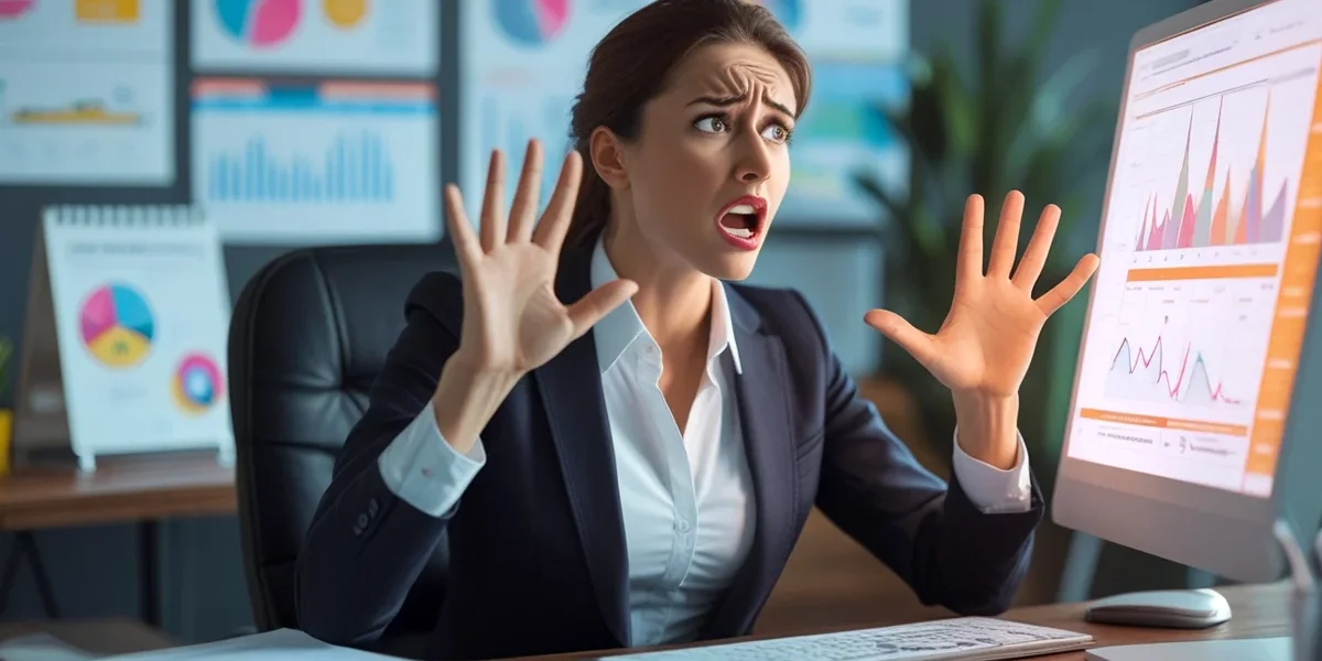 Mulher muito nervosa frente a seu computador devido a copia de seus concorrentes