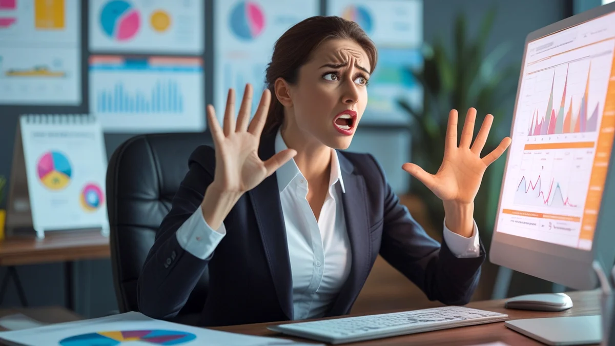 Mulher muito nervosa frente a seu computador devido a copia de seus concorrentes