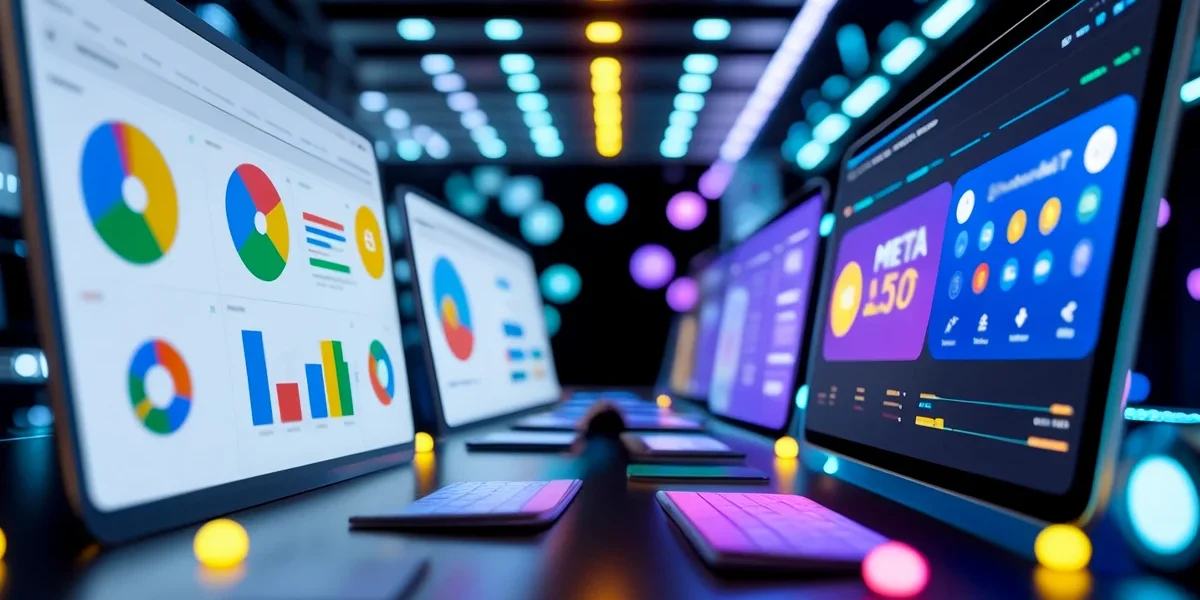 Comparativo entre os logos do Google Ads e Meta Ads, representando a escolha e estratégia de plataformas de publicidade digital para o ano de 2025