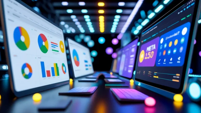 Comparativo entre os logos do Google Ads e Meta Ads, representando a escolha e estratégia de plataformas de publicidade digital para o ano de 2025