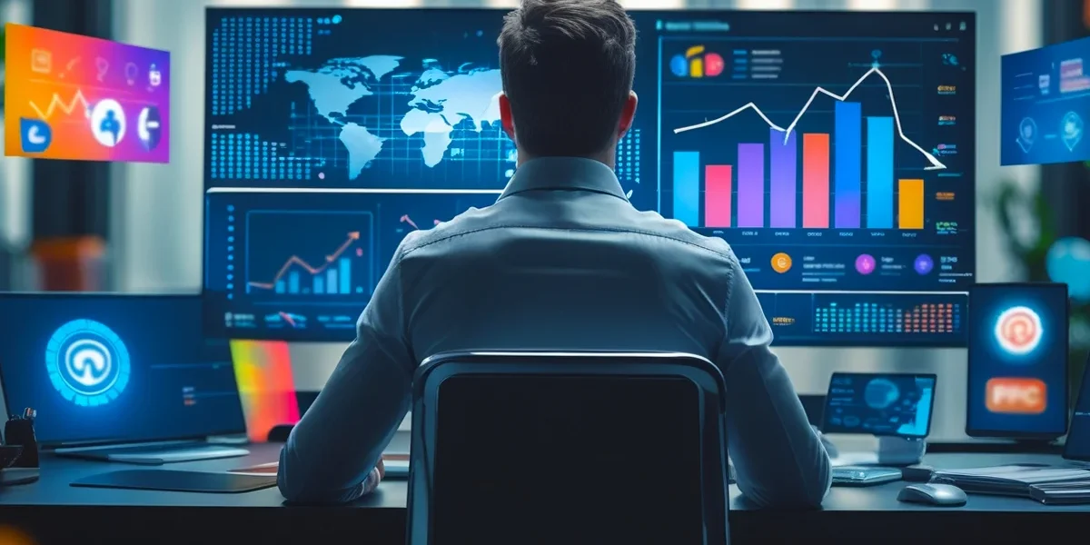 Usuário vendo gráfico de crescimento com ícones de marketing digital como lupa (SEO), celular (mobile) e redes sociais, representando o sucesso das PMEs com o marketing digital.