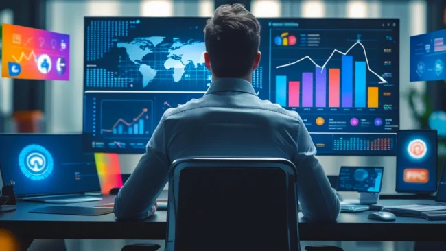 Usuário vendo gráfico de crescimento com ícones de marketing digital como lupa (SEO), celular (mobile) e redes sociais, representando o sucesso das PMEs com o marketing digital.