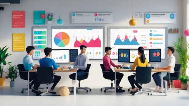 Equipe criando campanha digital, simbolizando a criação de conteúdo e estratégias de marketing digital.