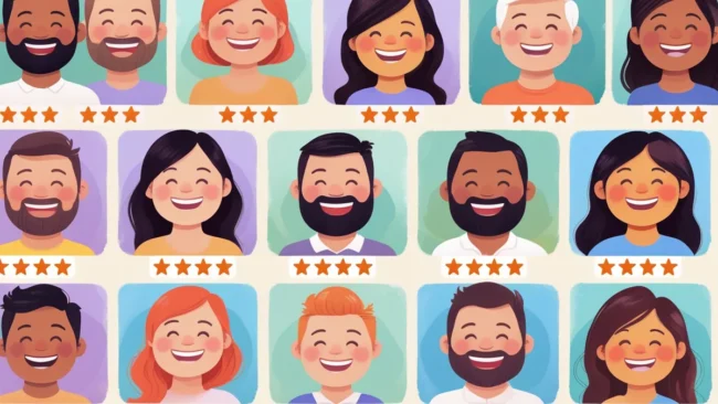 estrelas de avaliação e balões de fala, representando a prova social e a influência das opiniões de clientes no marketing digital.