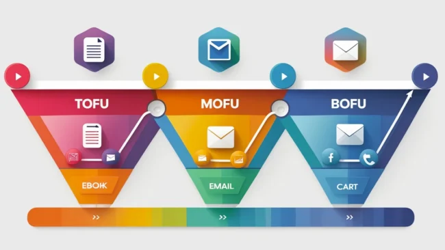 Infográfico colorido mostrando as três etapas do funil de vendas digital: Topo (ToFu) com ícones de blog e redes sociais, Meio (MoFu) com ícones de ebook e email, e Fundo (BoFu) com ícone de carrinho de compras, ilustrando a jornada do cliente desde o visitante até a conversão.
