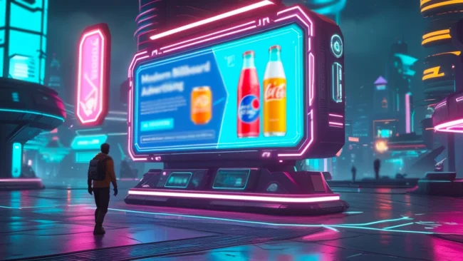 Um gráfico futurista com ícones de inteligência artificial, vídeo, redes sociais e nuvem de dados, representando as principais tendências de marketing digital para o ano de 2025.