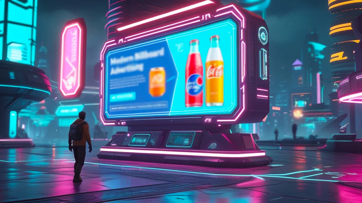 Um gráfico futurista com ícones de inteligência artificial, vídeo, redes sociais e nuvem de dados, representando as principais tendências de marketing digital para o ano de 2025.