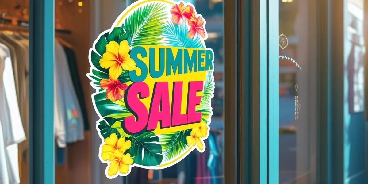 Close-up de um adesivo de porta criativo em uma loja de roupas, anunciando uma promoção de verão com design moderno e cores vibrantes, atraindo a atenção de quem passa.