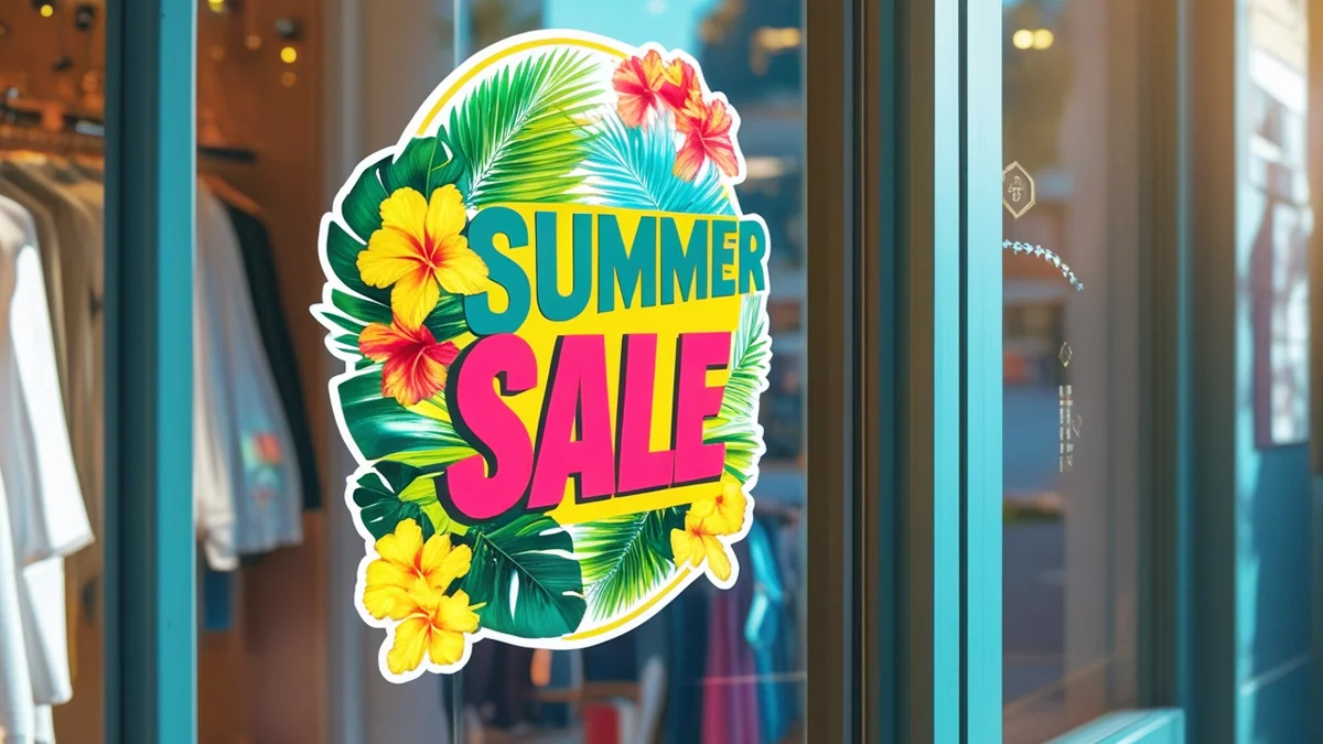 Close-up de um adesivo de porta criativo em uma loja de roupas, anunciando uma promoção de verão com design moderno e cores vibrantes, atraindo a atenção de quem passa.
