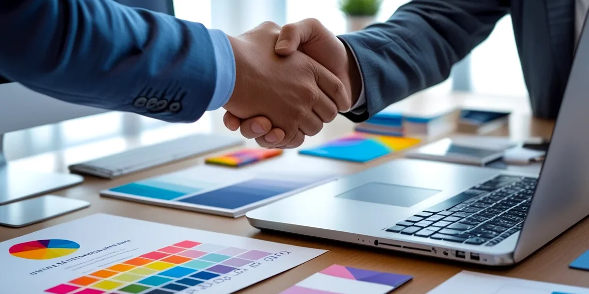 Mãos de um profissional de marketing digital e de um empresário se cumprimentando sobre uma mesa com um computador, um notebook e vários elementos de design de marca, como paleta de cores, tipografia e um logo. A imagem simboliza a parceria estratégica para a criação de um design de marca profissional e com foco em resultados.