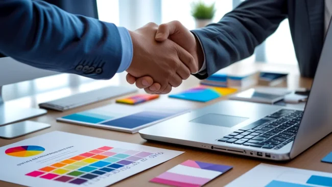Mãos de um profissional de marketing digital e de um empresário se cumprimentando sobre uma mesa com um computador, um notebook e vários elementos de design de marca, como paleta de cores, tipografia e um logo. A imagem simboliza a parceria estratégica para a criação de um design de marca profissional e com foco em resultados.