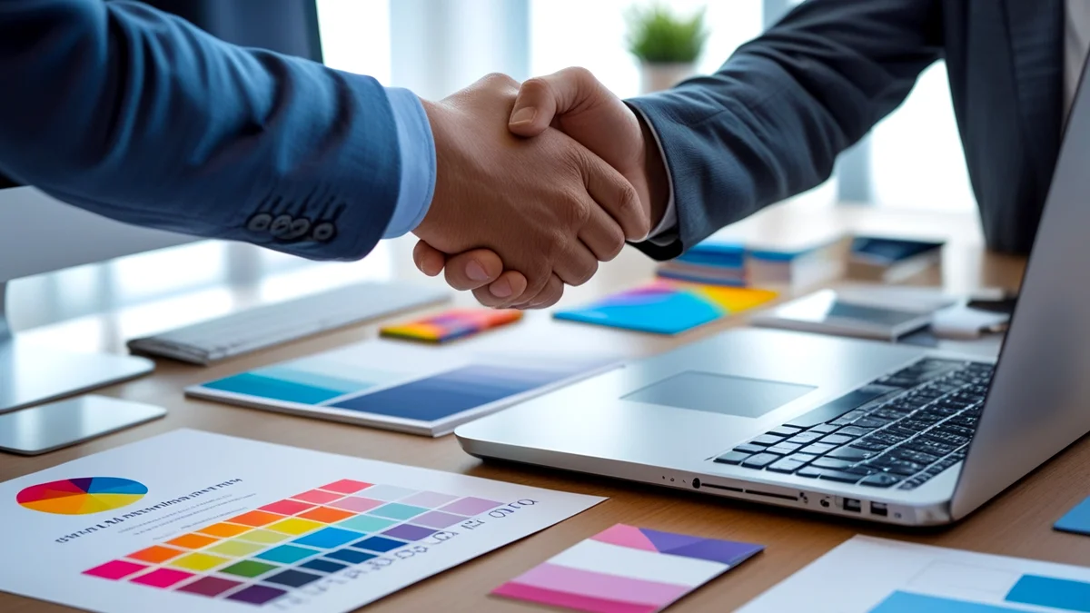 Mãos de um profissional de marketing digital e de um empresário se cumprimentando sobre uma mesa com um computador, um notebook e vários elementos de design de marca, como paleta de cores, tipografia e um logo. A imagem simboliza a parceria estratégica para a criação de um design de marca profissional e com foco em resultados.