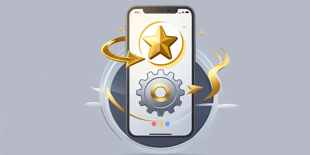 Ilustração celular com um ícone de estrela de avaliação do Google saindo e se transformando em uma engrenagem, simbolizando a transformação de avaliações em um motor de vendas.