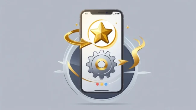 Ilustração celular com um ícone de estrela de avaliação do Google saindo e se transformando em uma engrenagem, simbolizando a transformação de avaliações em um motor de vendas.