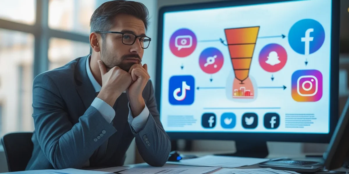 Empresário analisando um gráfico de crescimento de Retorno sobre o Investimento (ROI) em um PC com ícones de marketing digital como Google Ads e Meta Ads ao fundo, representando a análise de dados para tomada de decisão.