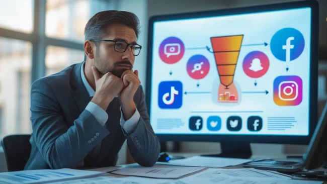 Empresário analisando um gráfico de crescimento de Retorno sobre o Investimento (ROI) em um PC com ícones de marketing digital como Google Ads e Meta Ads ao fundo, representando a análise de dados para tomada de decisão.