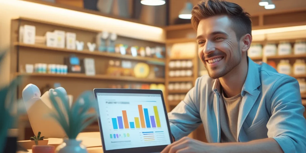 Empreendedor sorrindo em sua loja enquanto analisa um gráfico de resultados de uma campanha de tráfego pago para clientes locais em seu notebook, mostrando o sucesso do investimento.