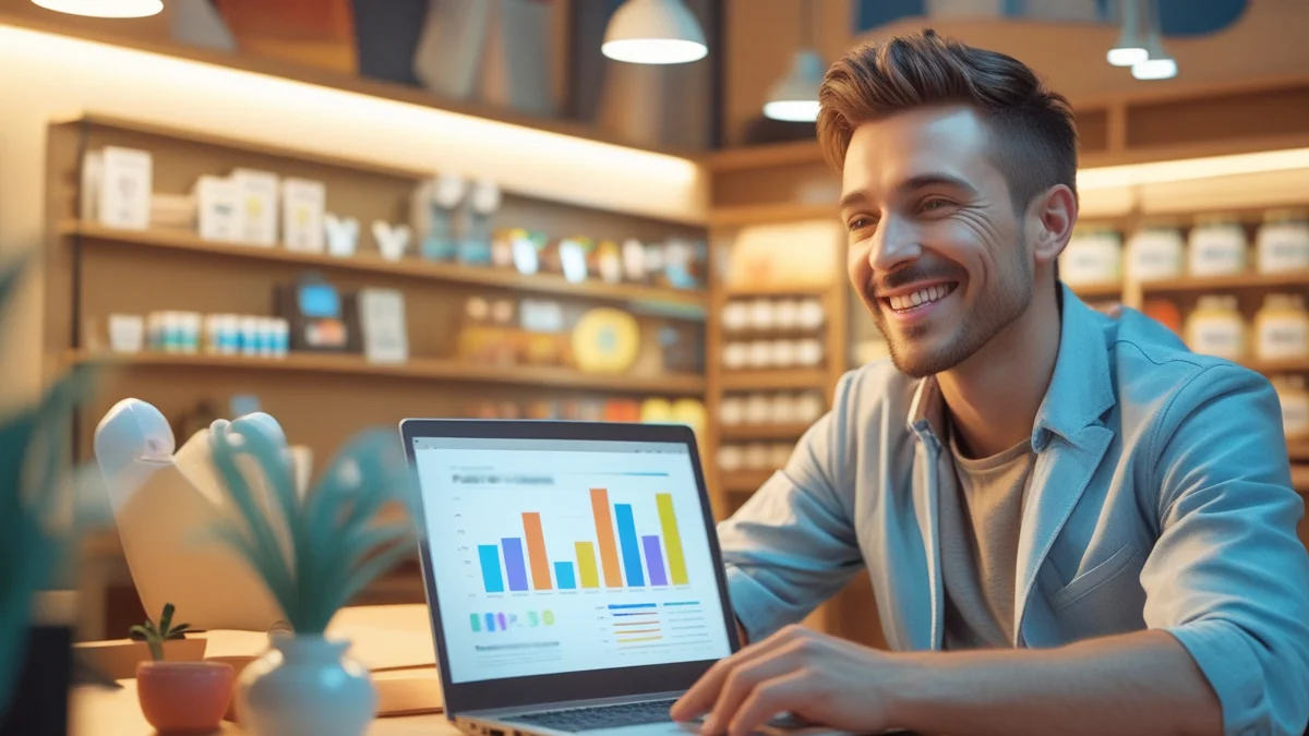 Empreendedor sorrindo em sua loja enquanto analisa um gráfico de resultados de uma campanha de tráfego pago para clientes locais em seu notebook, mostrando o sucesso do investimento.