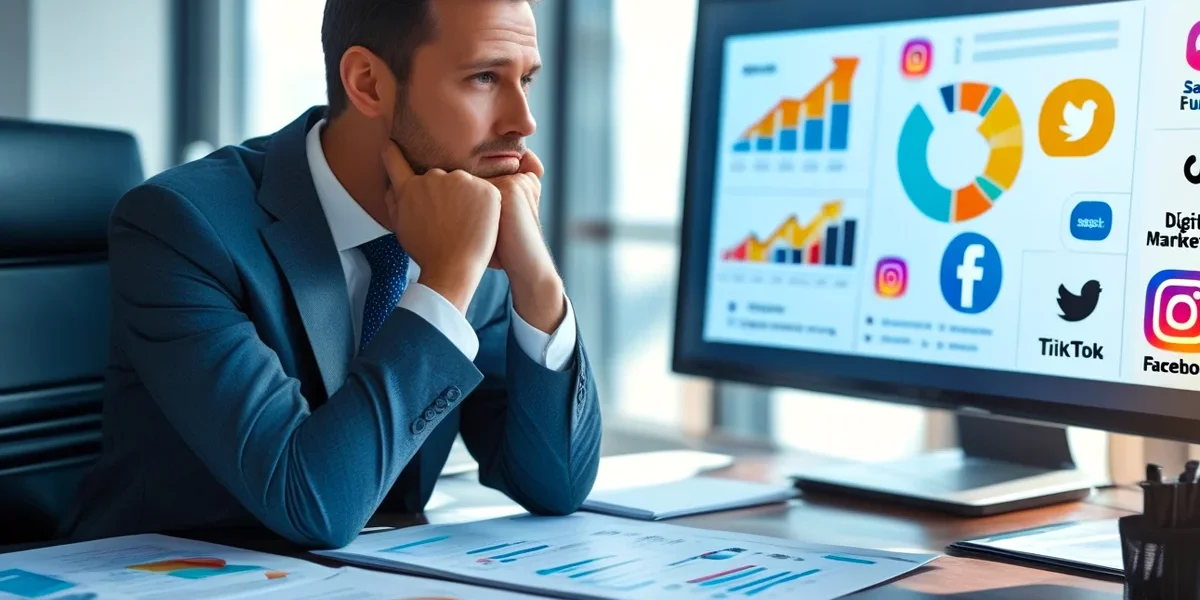 Um empresário pensativo, com as mãos no queixo, analisando vários gráficos e ícones que representam marketing digital, como um funil de vendas, um gráfico de crescimento e um logo de rede social. A imagem simboliza a busca por soluções de marketing para o negócio, ilustrando o momento de decisão sobre contratar uma agência de marketing digital.