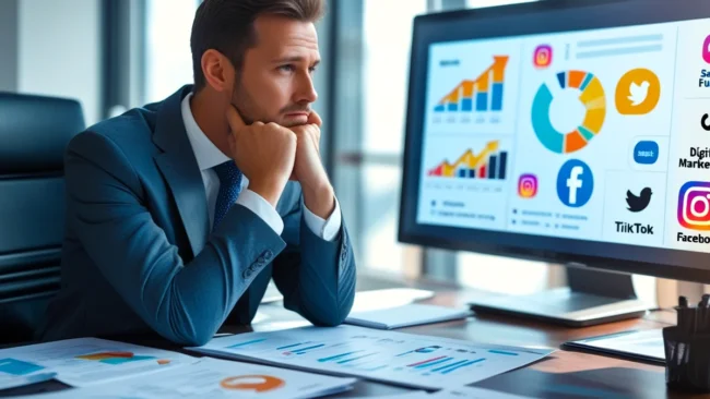 Um empresário pensativo, com as mãos no queixo, analisando vários gráficos e ícones que representam marketing digital, como um funil de vendas, um gráfico de crescimento e um logo de rede social. A imagem simboliza a busca por soluções de marketing para o negócio, ilustrando o momento de decisão sobre contratar uma agência de marketing digital.