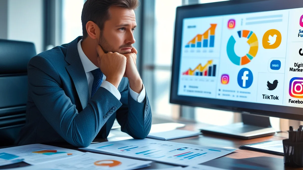 Um empresário pensativo, com as mãos no queixo, analisando vários gráficos e ícones que representam marketing digital, como um funil de vendas, um gráfico de crescimento e um logo de rede social. A imagem simboliza a busca por soluções de marketing para o negócio, ilustrando o momento de decisão sobre contratar uma agência de marketing digital.