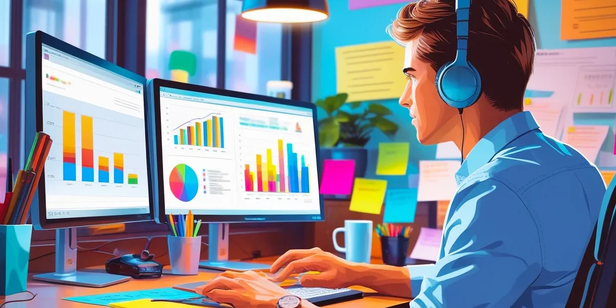 estrategia-integrada-de-design-e-marketing-para-branding Ilustração conceitual mostrando a união entre engrenagens de design (cores, tipografia) e marketing (gráficos, dados) para construir um branding forte.