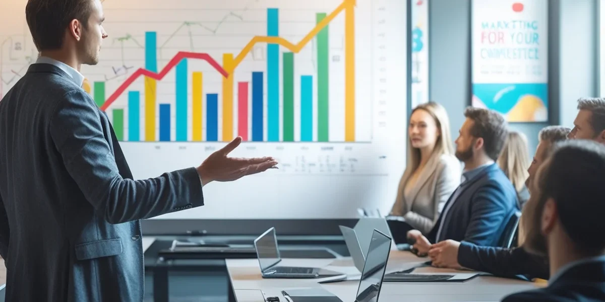 Um profissional de marketing digital em frente a várias telas com gráficos e dados, analisando as tendências e mudanças do mercado publicitário na era digital