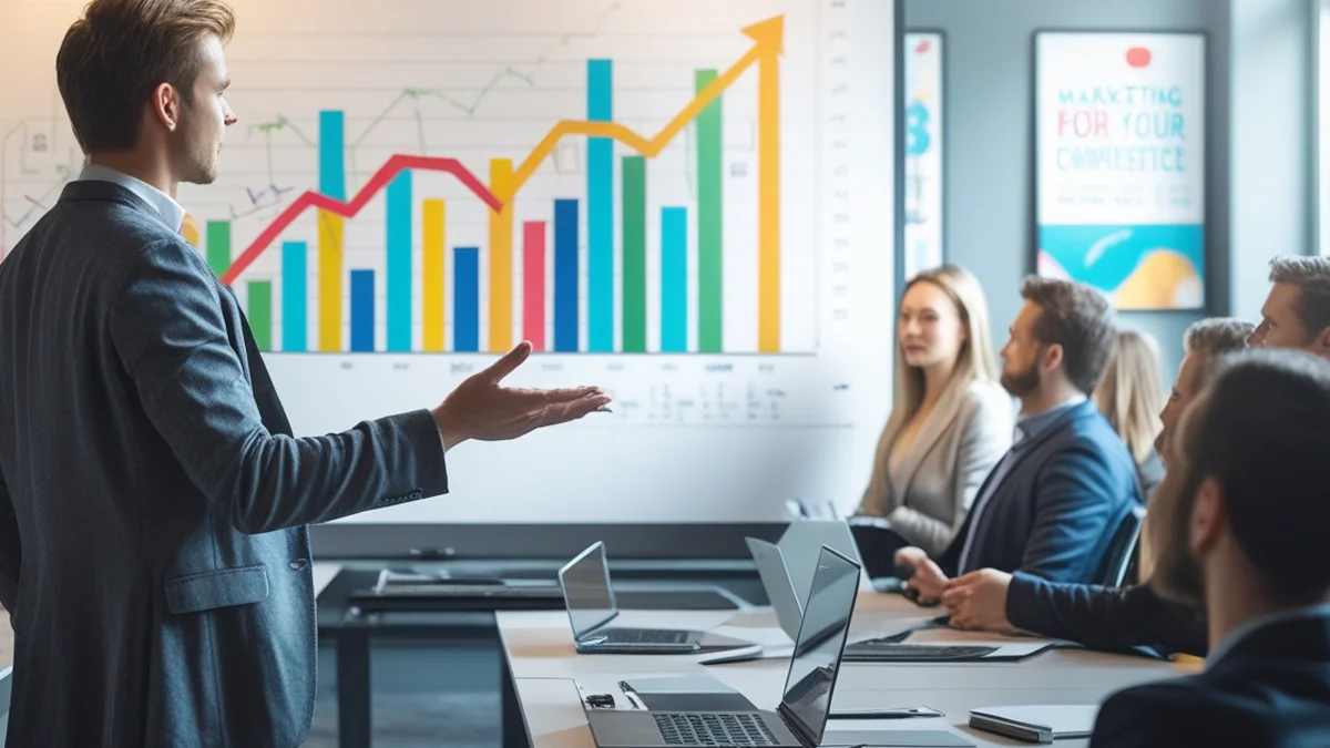 Um profissional de marketing digital em frente a várias telas com gráficos e dados, analisando as tendências e mudanças do mercado publicitário na era digital