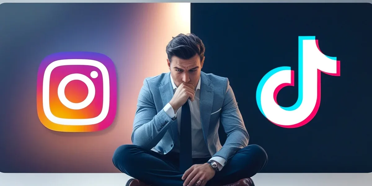 instagram-tiktok-marketing-digital-estrategia-2025 Um empresário pensativo, com uma tela dividida entre os logotipos do Instagram e do TikTok, simbolizando a difícil escolha entre as plataformas de marketing digital para pequenos negócios em 2025. A imagem representa a análise da estratégia para gerar resultados e captação de clientes.