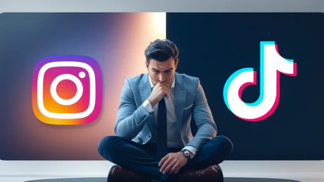 Um empresário pensativo, com uma tela dividida entre os logotipos do Instagram e do TikTok, simbolizando a difícil escolha entre as plataformas de marketing digital para pequenos negócios em 2025. A imagem representa a análise da estratégia para gerar resultados e captação de clientes.