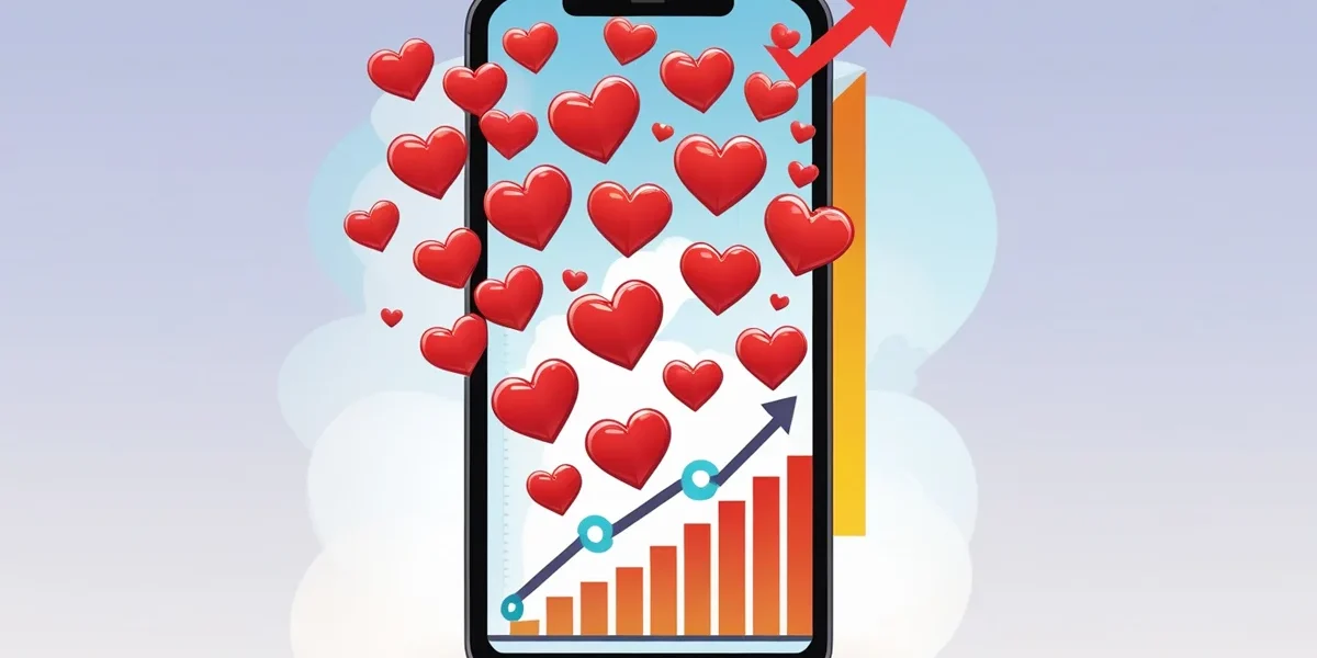 Ilustração de um celular exibindo muitos corações de likes, mas com um gráfico de vendas em queda, simbolizando que likes não significam vendas.