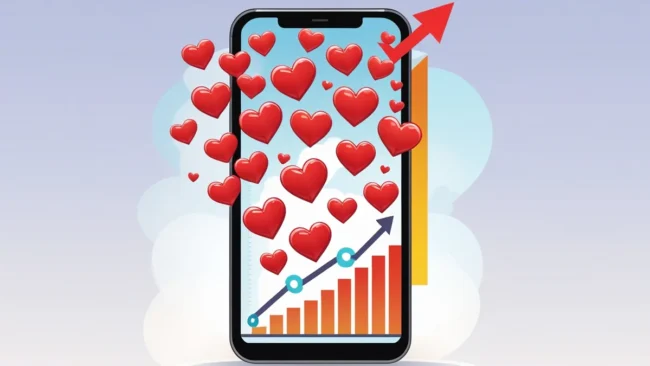 Ilustração de um celular exibindo muitos corações de likes, mas com um gráfico de vendas em queda, simbolizando que likes não significam vendas.