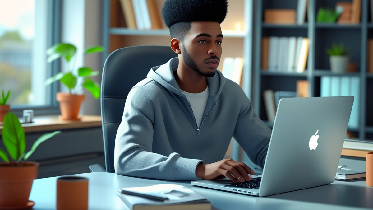 Um gráfico de barras e setas para baixo sobre um laptop, com um empresário frustrado, representando resultados ruins de tráfego pago, com foco na necessidade de otimização de campanhas para pequenos negócios.