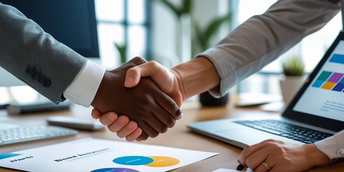 parceria-sucesso-cliente-agencia-marketing-digital Dois profissionais, um representando uma agência de marketing e o outro um cliente, apertando as mãos sobre uma mesa com gráficos de resultados, simbolizando uma parceria de sucesso e confiança no relacionamento com clientes.