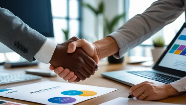 Dois profissionais, um representando uma agência de marketing e o outro um cliente, apertando as mãos sobre uma mesa com gráficos de resultados, simbolizando uma parceria de sucesso e confiança no relacionamento com clientes.