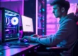 Imagem conceitual com vários ícones e elementos visuais que representam diferentes formatos de anúncios em jogos digitais, incluindo um celular com um anúncio de vídeo em tela cheia, um controle de videogame com um símbolo de recompensa e uma tela de computador mostrando um outdoor virtual dentro de um jogo.