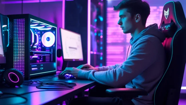 Imagem conceitual com vários ícones e elementos visuais que representam diferentes formatos de anúncios em jogos digitais, incluindo um celular com um anúncio de vídeo em tela cheia, um controle de videogame com um símbolo de recompensa e uma tela de computador mostrando um outdoor virtual dentro de um jogo.