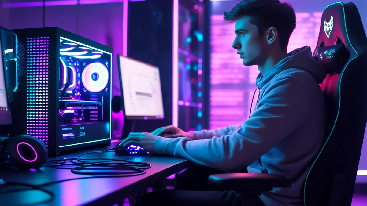 Imagem conceitual com vários ícones e elementos visuais que representam diferentes formatos de anúncios em jogos digitais, incluindo um celular com um anúncio de vídeo em tela cheia, um controle de videogame com um símbolo de recompensa e uma tela de computador mostrando um outdoor virtual dentro de um jogo.