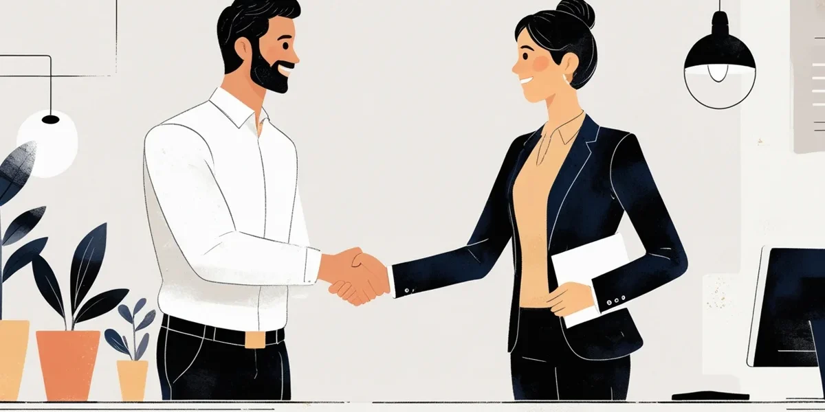 empresario-agencia-alinhamento-comunicacao Empresário e consultor de agência de marketing digital apertando as mãos em sinal de acordo e alinhamento, simbolizando uma comunicação eficaz e a parceria na construção de uma marca forte e lucrativa para pequenos negócios.